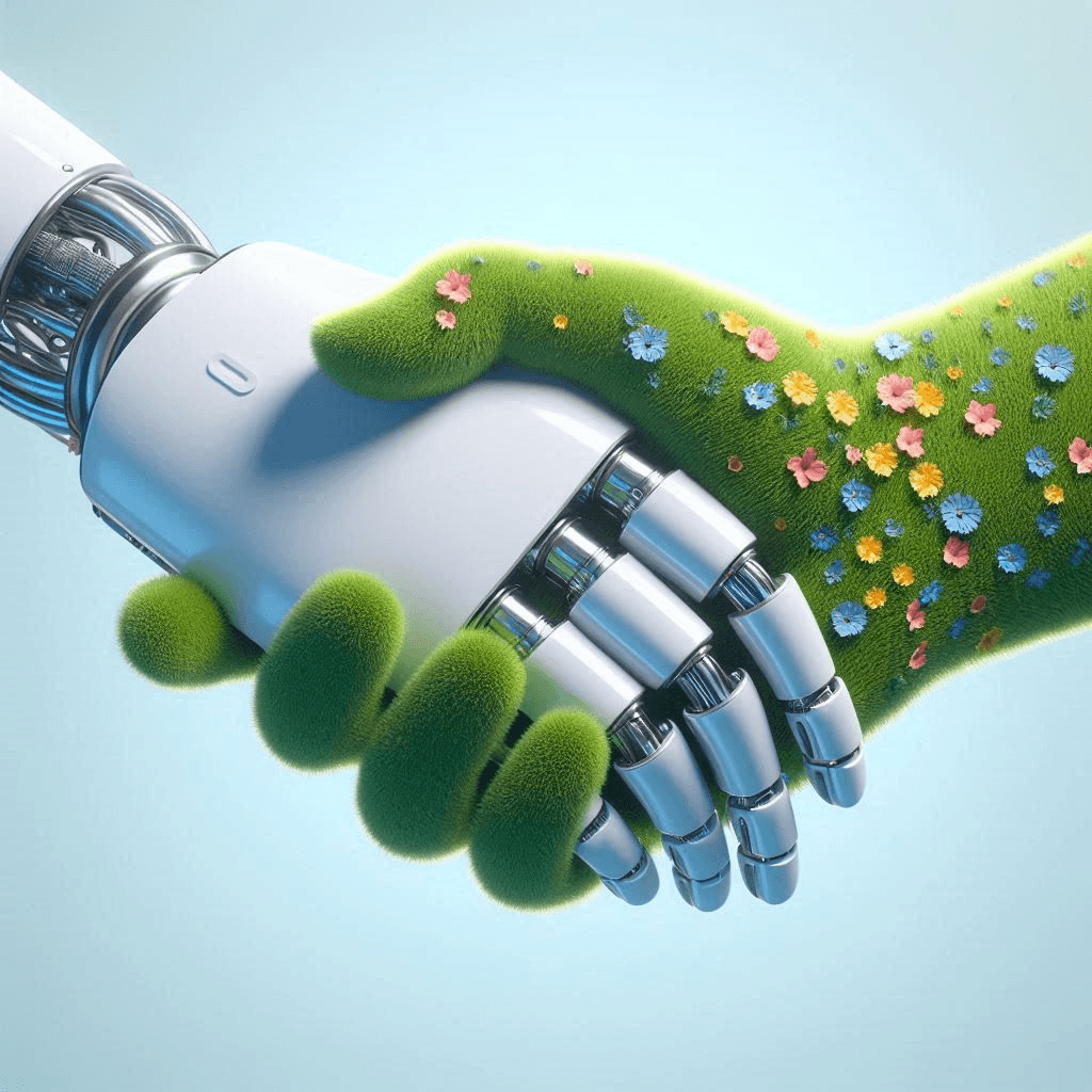 robot and greenery shaking hands